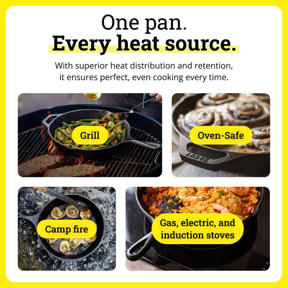 Lodge skillet frying eggs showing even heat and effortless release benefit