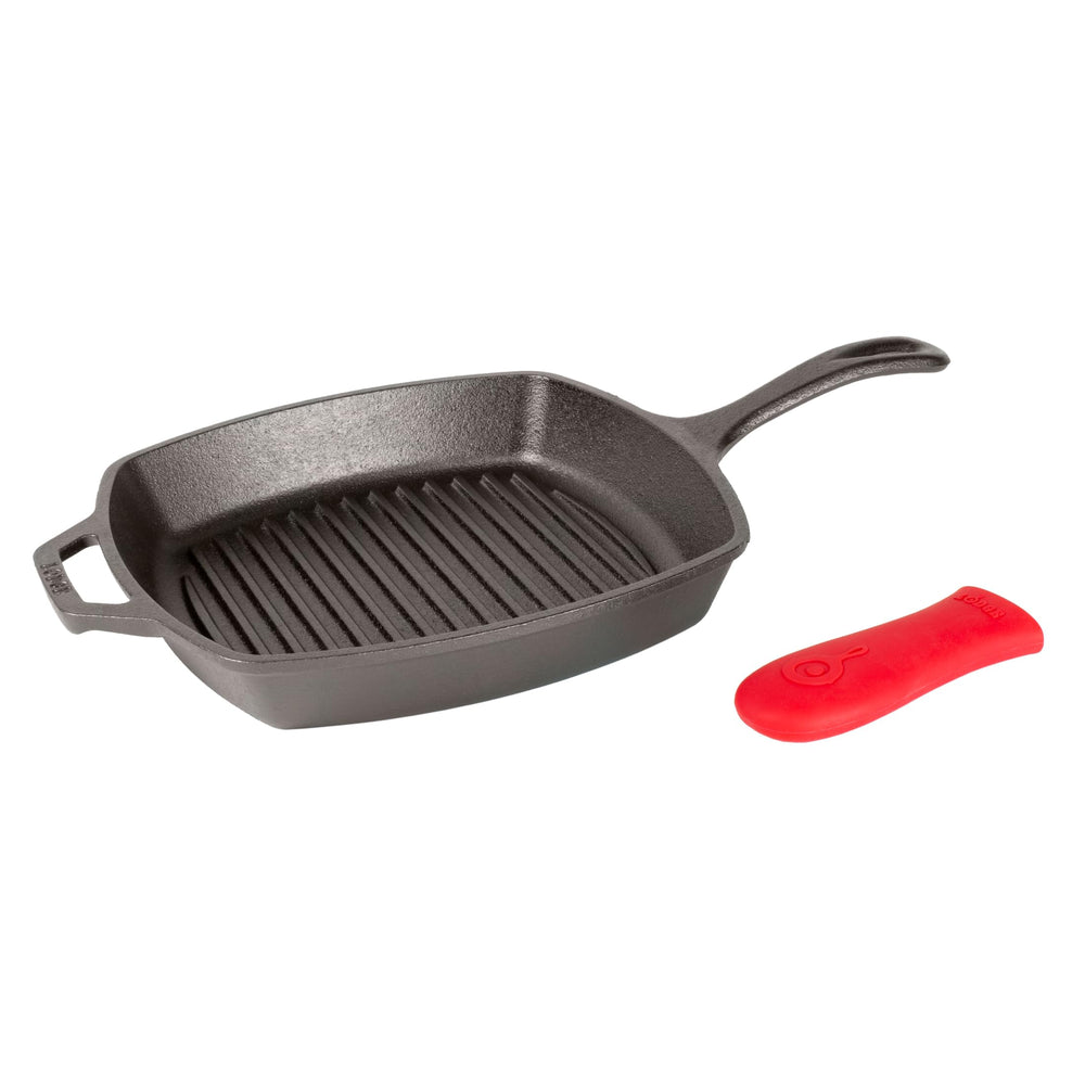 Lodge front view of square cast iron grill pan showing durable design and large searing area