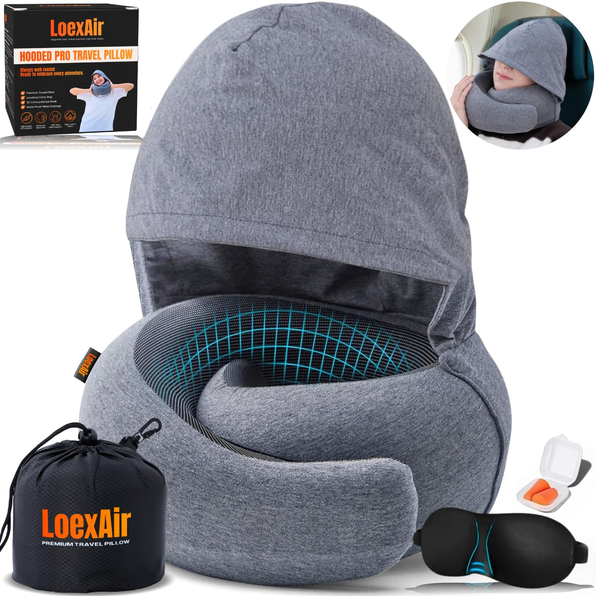 LOEXAIR front view showing hooded pillow and ergonomic neck support benefit