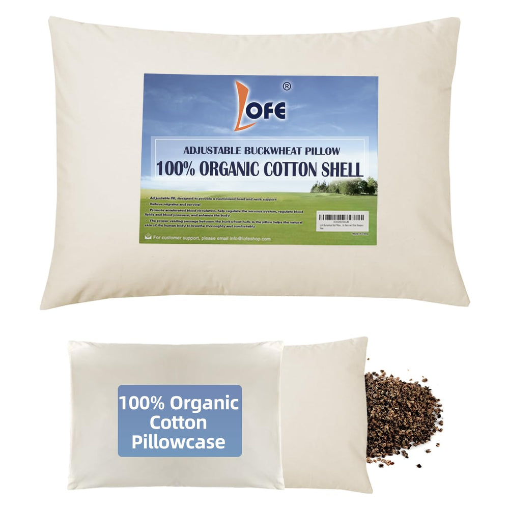 LOFE front view of pillow showing organic cotton cover and firm support