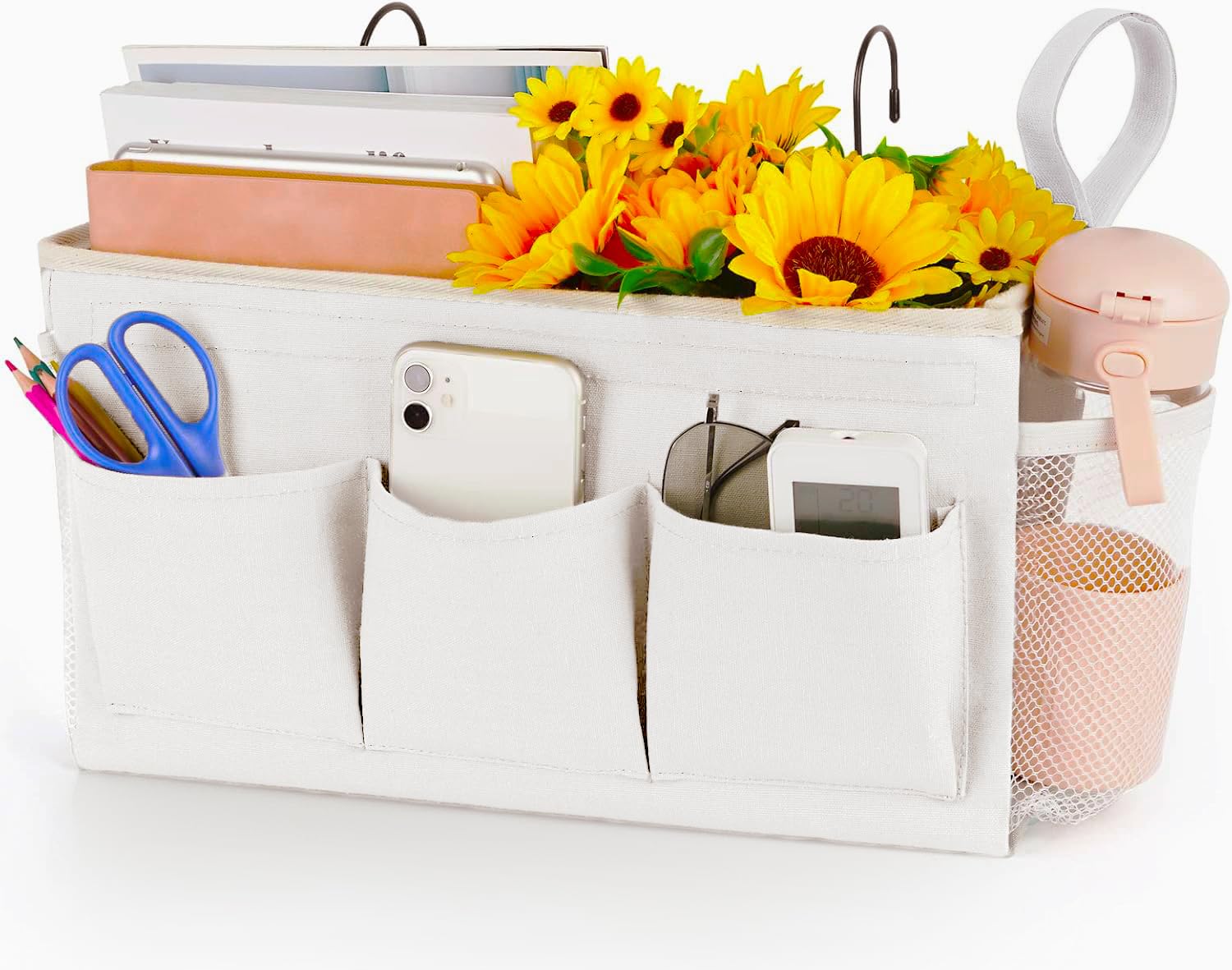 Loghot front view showing organized pockets and tidy bedside storage benefit