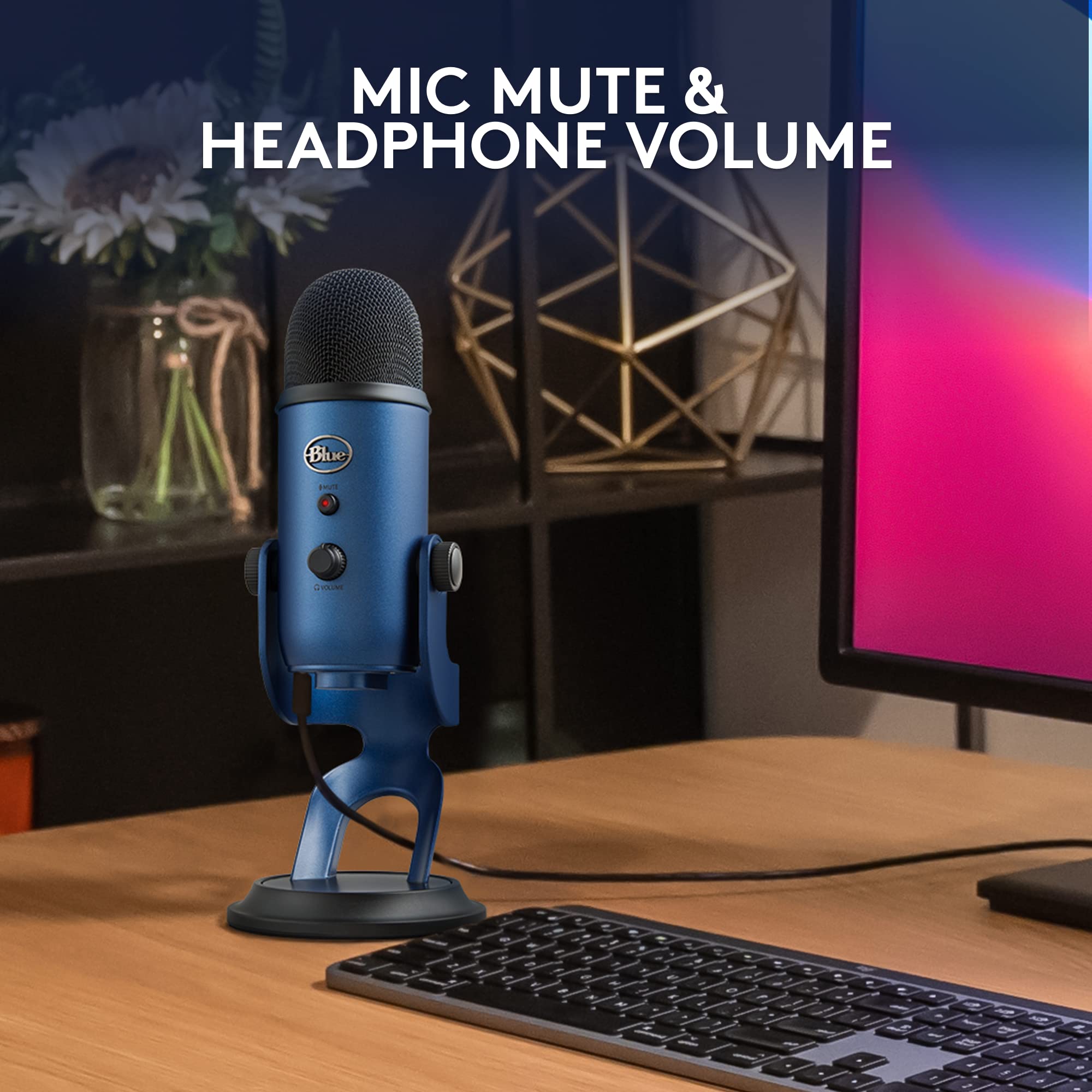 Logitech G Blue Yeti in studio setup with mixer and laptop for content creation