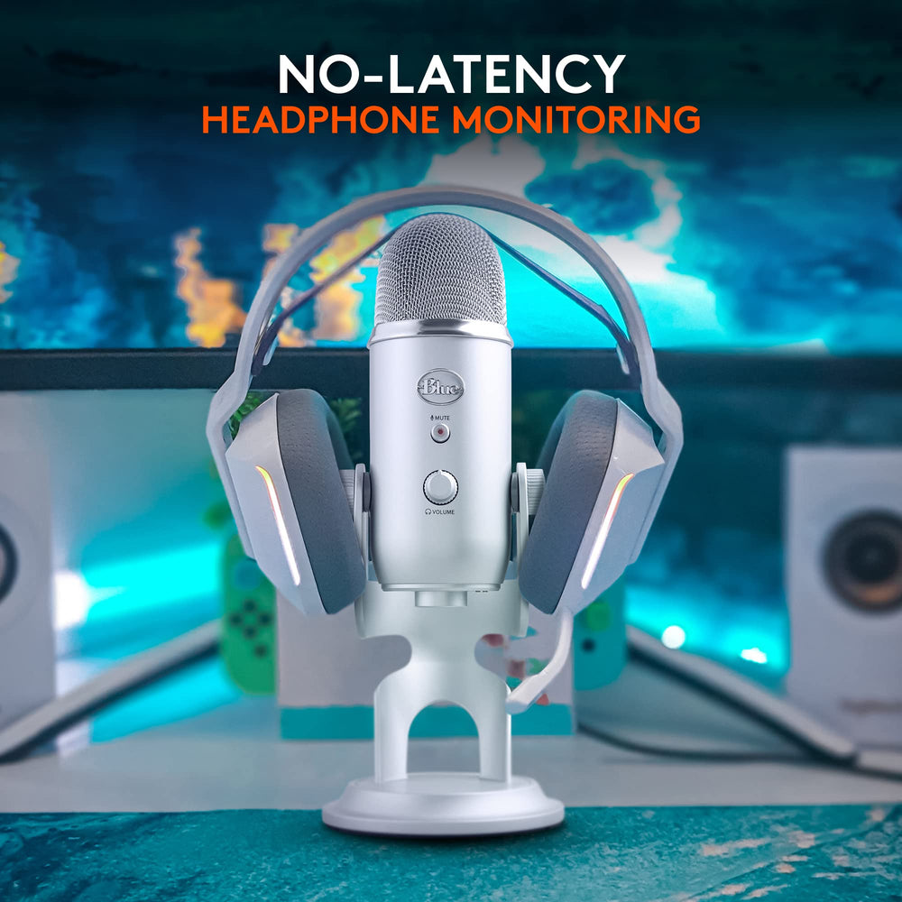 Logitech G Blue Yeti on desktop stand demonstrating stable positioning benefit