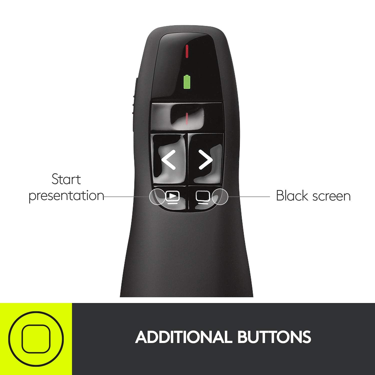 Logitech R400 tactile button detail for easy, eyes-free slide navigation benefit