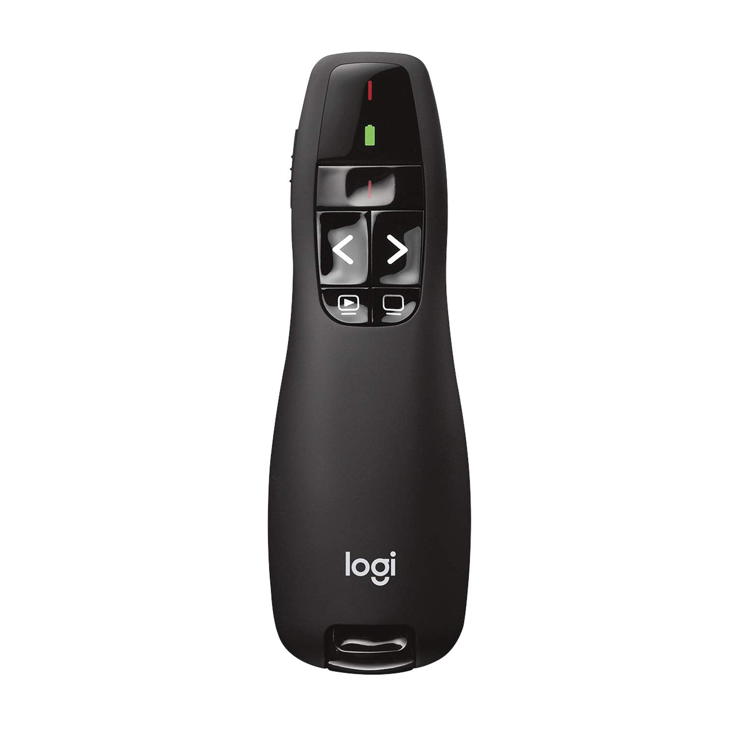 Logitech R400 front view showing controls and ergonomic shape for confident presentations