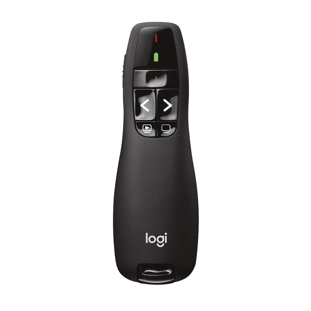 Logitech R400 front view showing controls and ergonomic shape for confident presentations