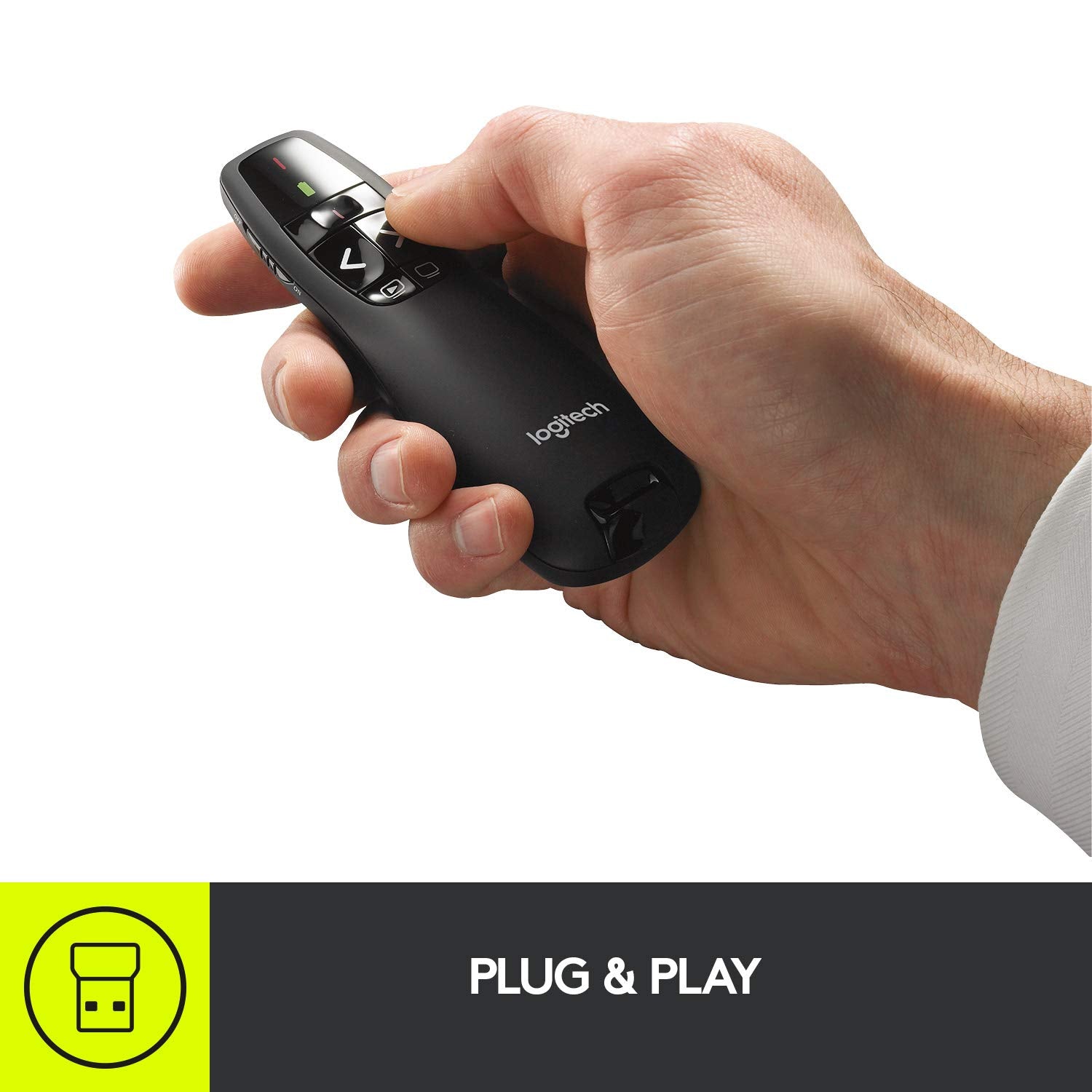 Logitech R400 red laser close-up highlighting precise pointer for clear slide emphasis