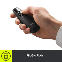 Logitech R400 red laser close-up highlighting precise pointer for clear slide emphasis