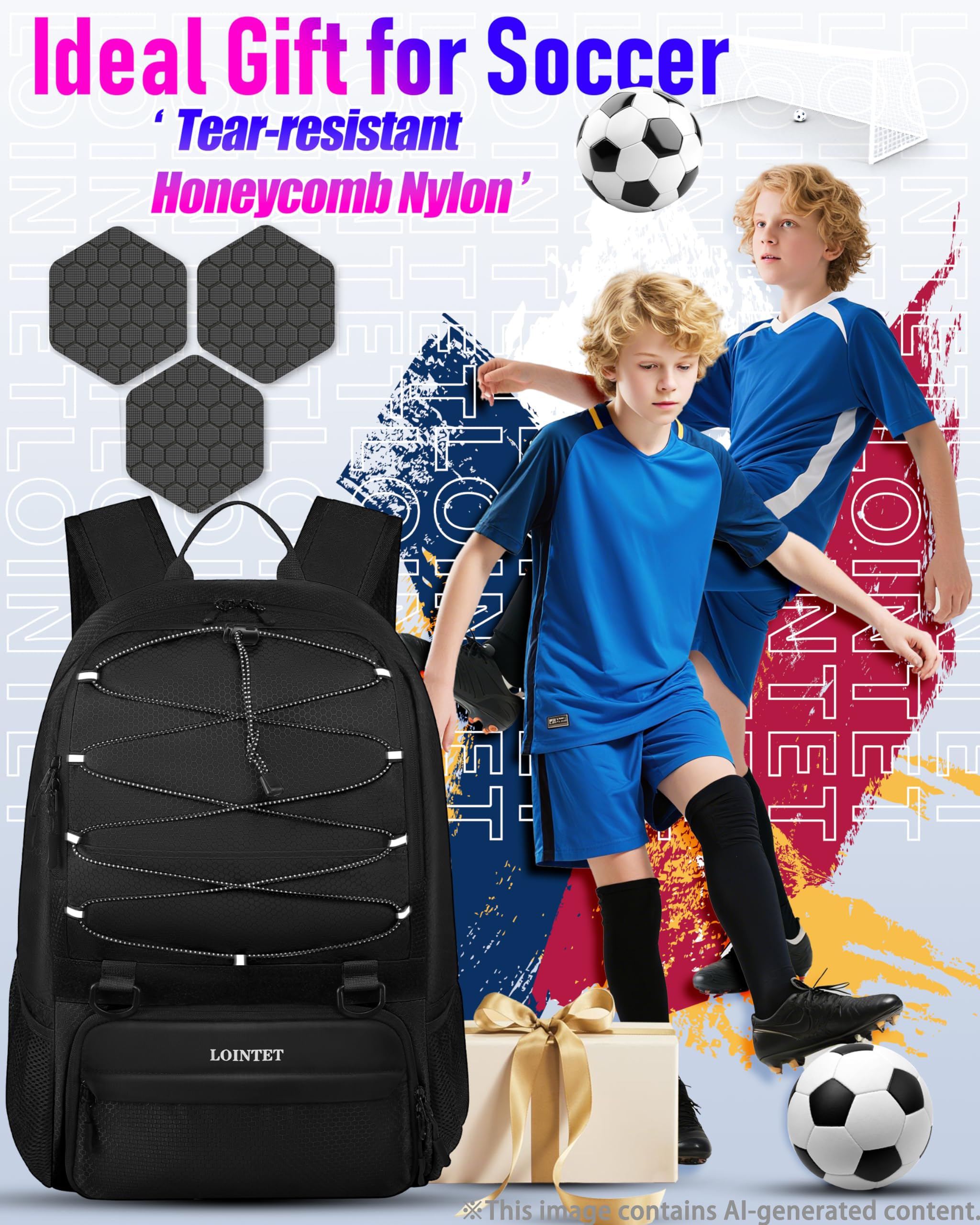 LOINTET interior flat-lay showing 11 pockets for jerseys, kneepads, and personal items