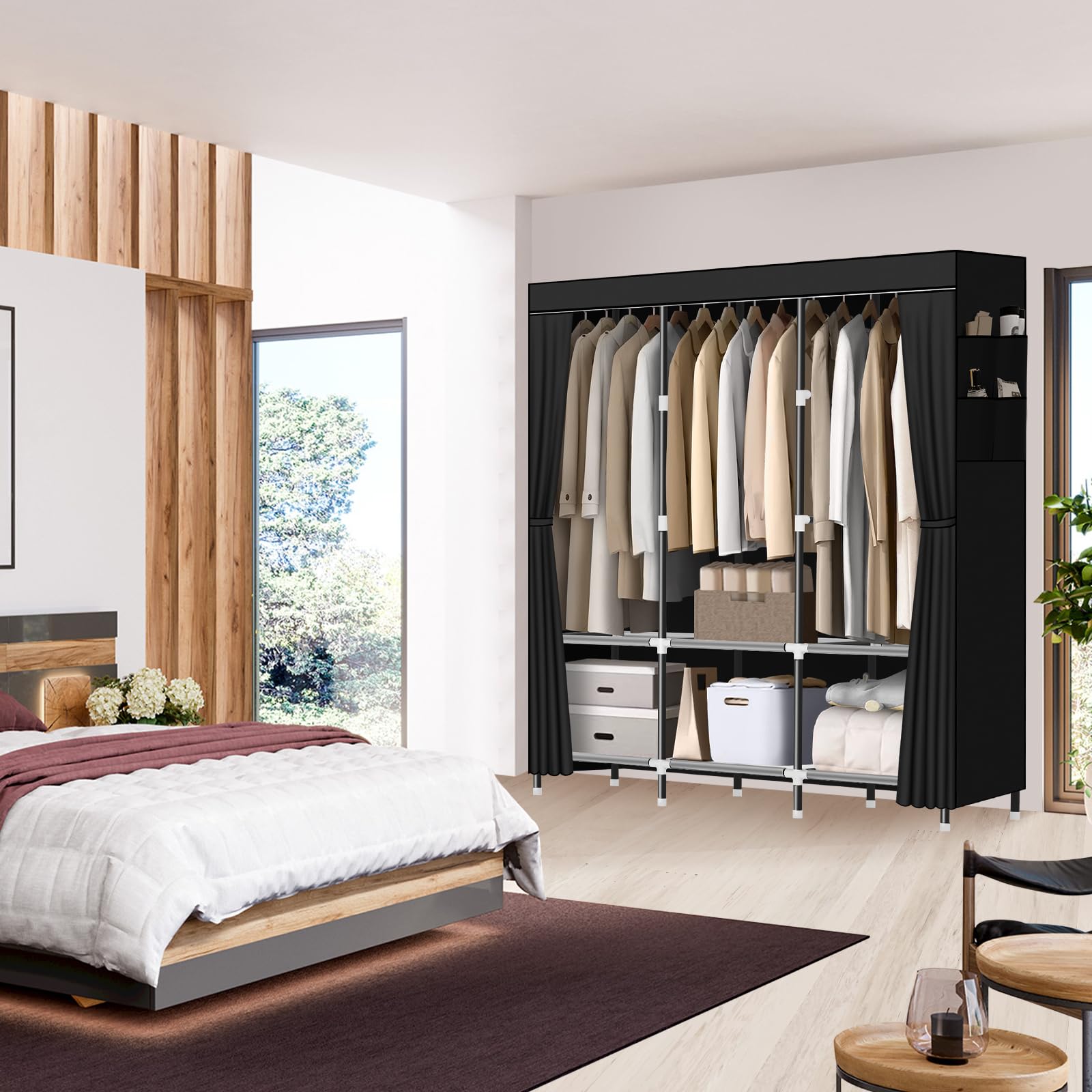 LOKEME wardrobe next to person for scale showing compact footprint benefit