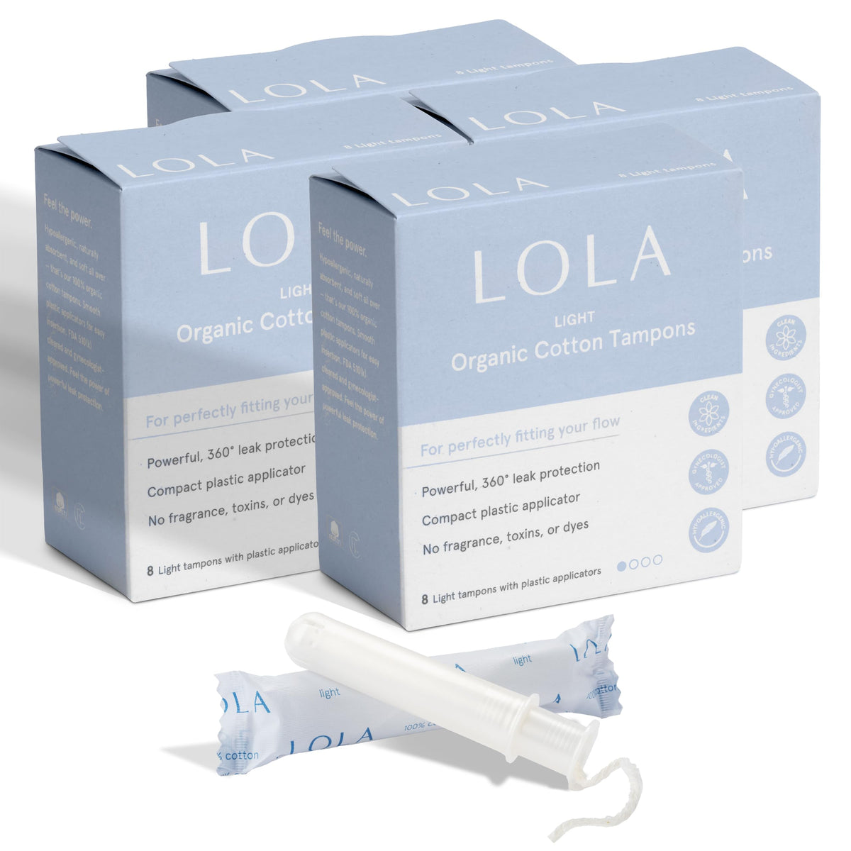 LOLA front packaging showing 32-count light tampons and clear labeling for easy selection