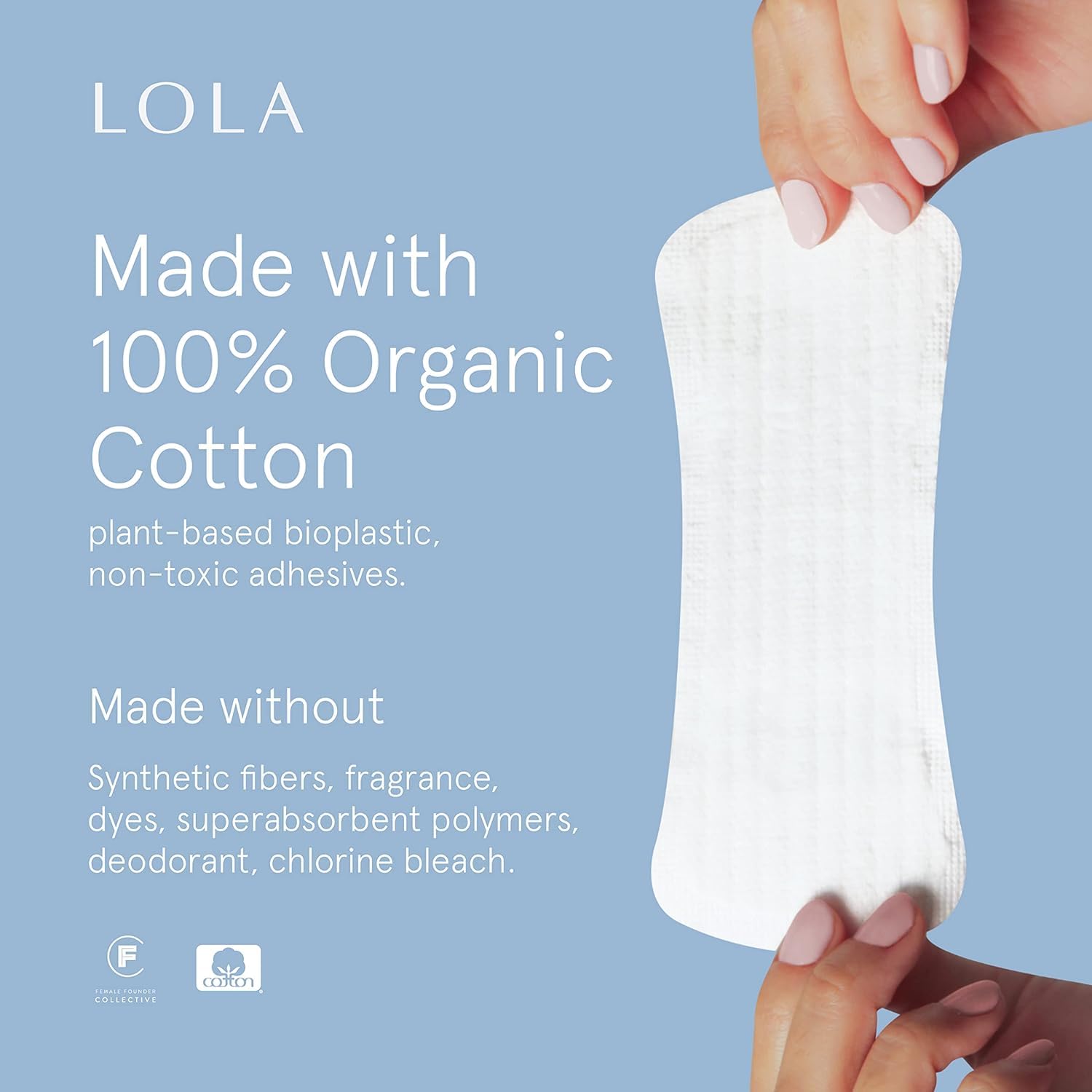 LOLA panty liner top view highlighting cotton surface and discreet design benefit