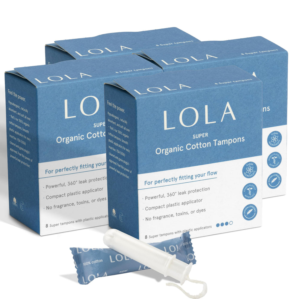 LOLA front packaging showing 32-count Super tampons for reliable protection