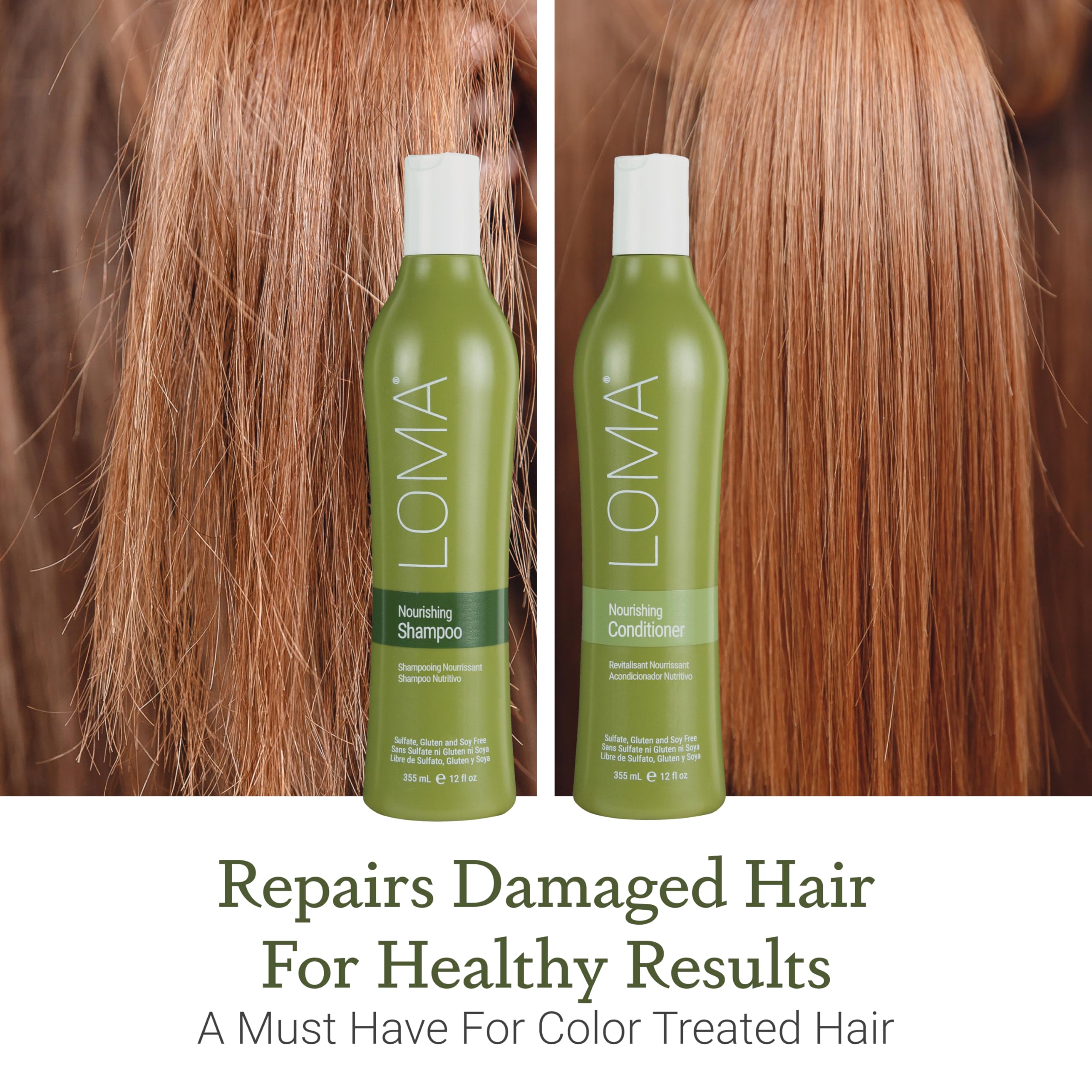 LOMA label close-up showing ingredients, sulfate-free and authenticity badge benefit