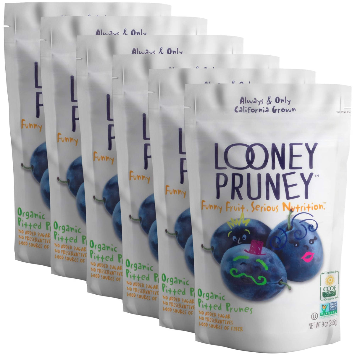 Looney Pruney front packaging showing organic label and benefits
