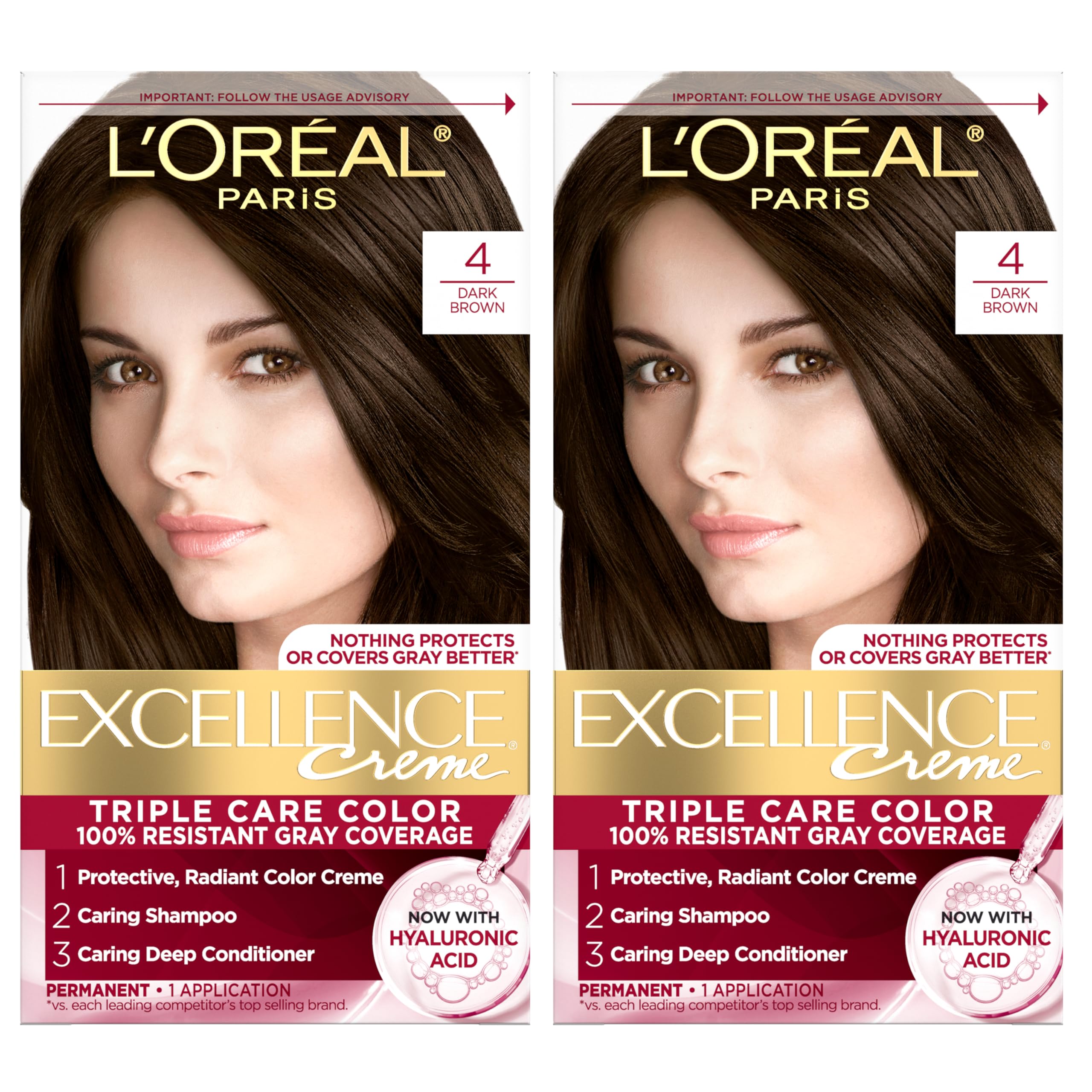 L'Oreal Paris Excellence Crème front packaging showing shade 4 Dark Brown and kit contents