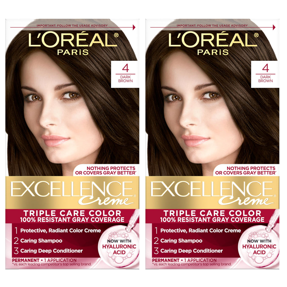 L'Oreal Paris Excellence Crème front packaging showing shade 4 Dark Brown and kit contents