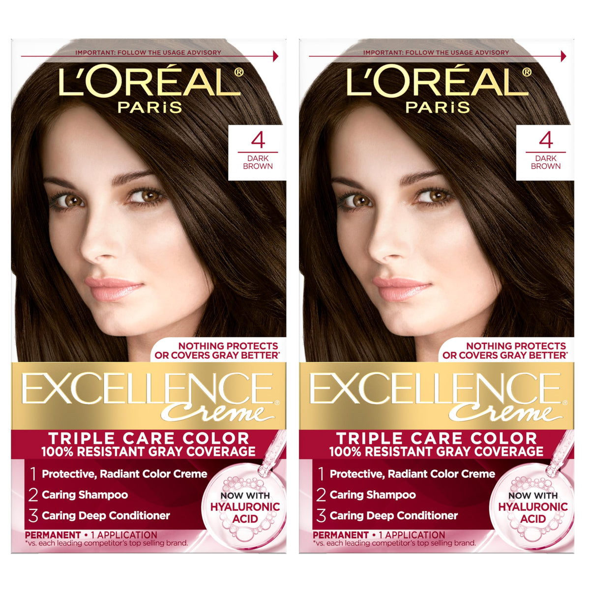 L'Oreal Paris Excellence Crème front packaging showing shade 4 Dark Brown and kit contents