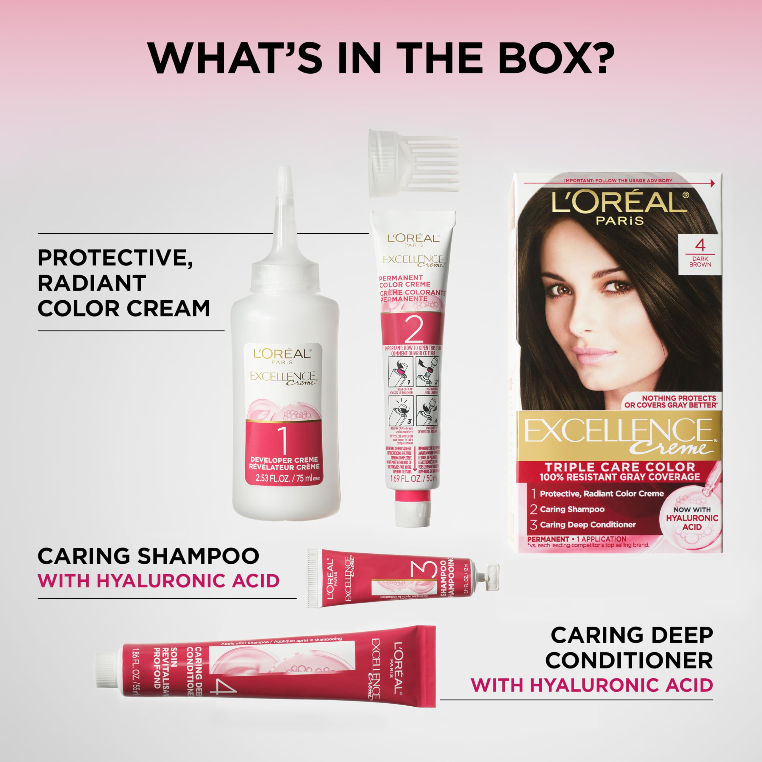 hand holding the Excellence Crème kit to show size and portability of L'Oreal Paris product