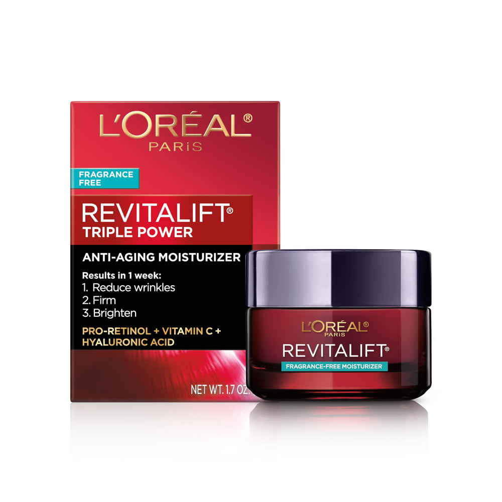 L'Oreal Paris jar front view showing clean fragrance-free label and benefit