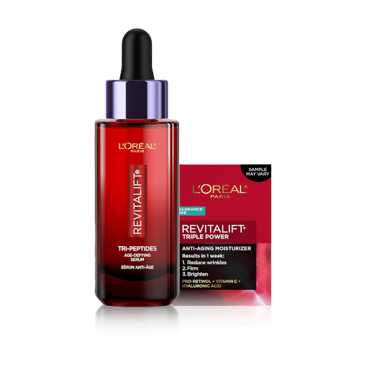 L'Oreal Paris front bottle showing product and clear benefits