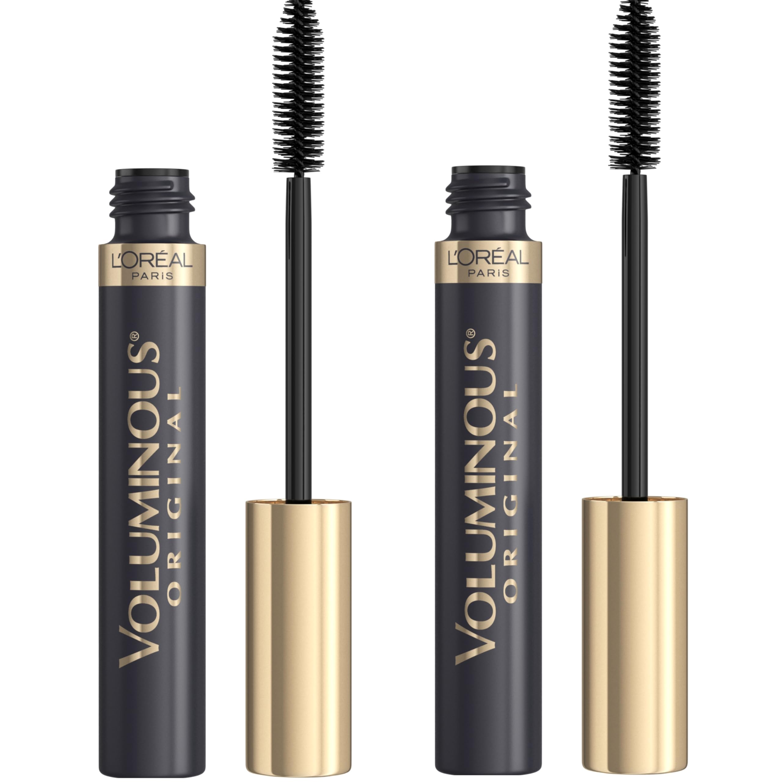 L'Oreal Paris front packaging showing two Black Brown mascara tubes, easy storage benefit