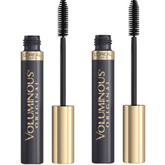 L'Oreal Paris front packaging showing two Black Brown mascara tubes, easy storage benefit