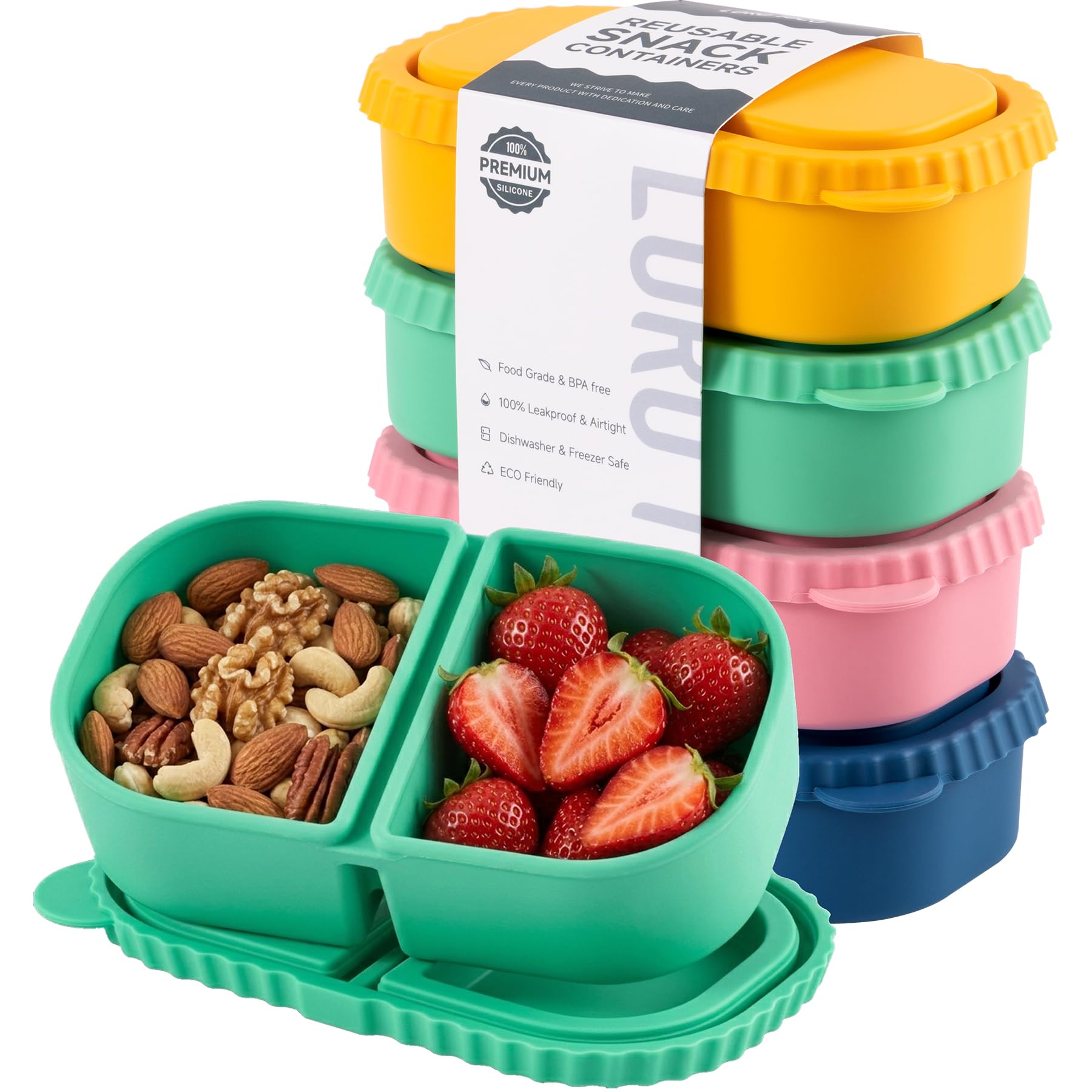 LOROTOCO front view showing four snack containers, colorful and compact benefit: organized meals