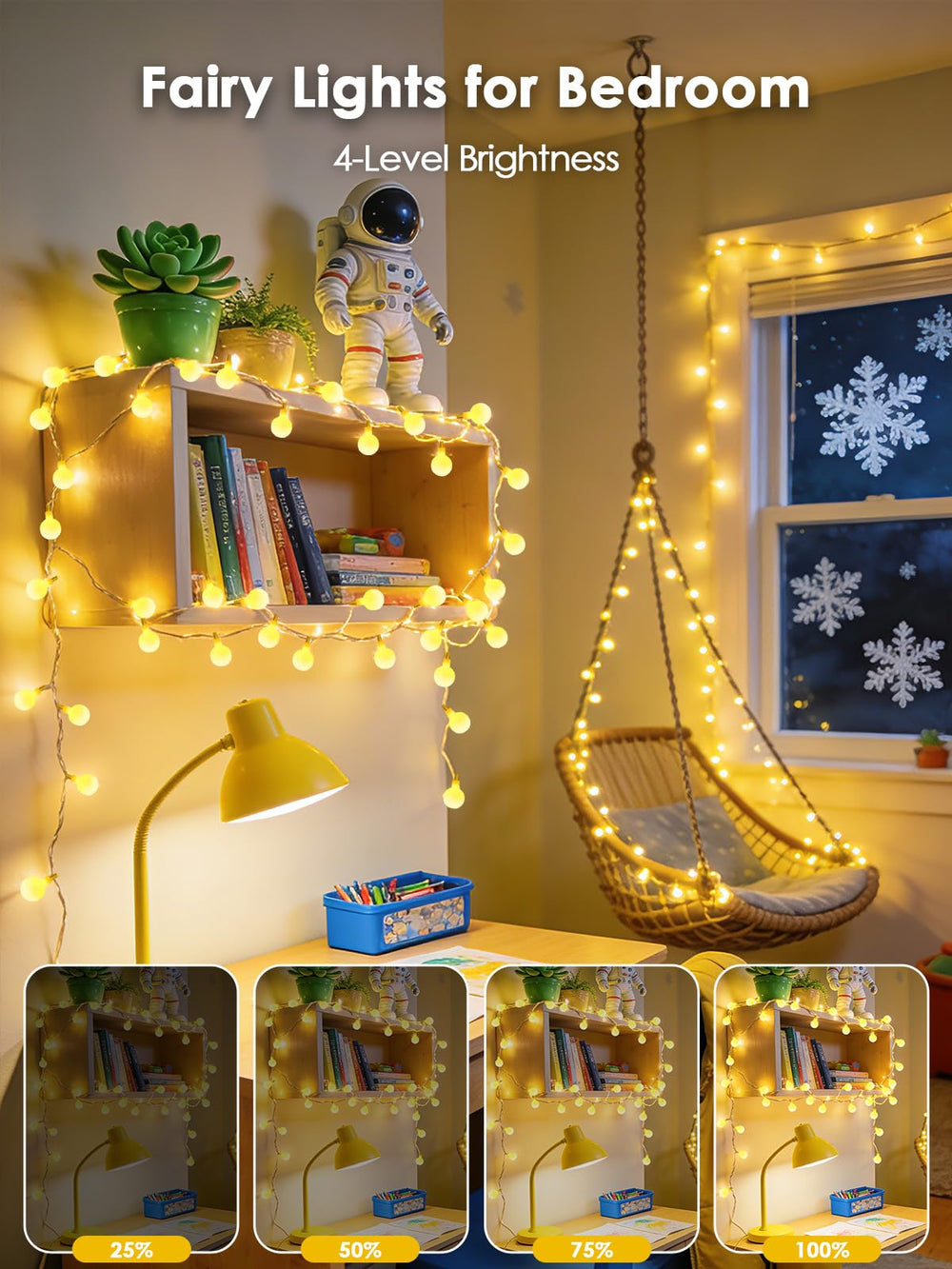LORRYTE string lights draped across a bedroom headboard creating cozy atmosphere and soft lighting