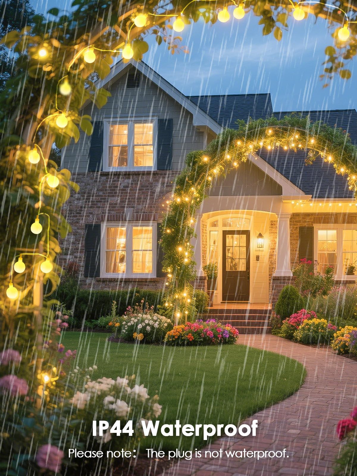 LORRYTE string lights on a covered patio with light rain protection highlighting IP44 splash resistance