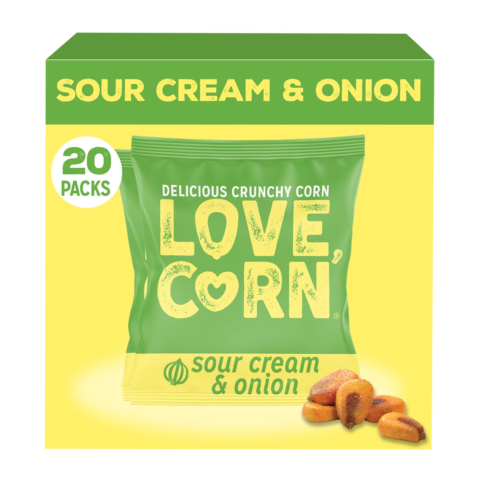 Love Corn front packaging showing sour cream & onion flavor and benefit of portable crunch