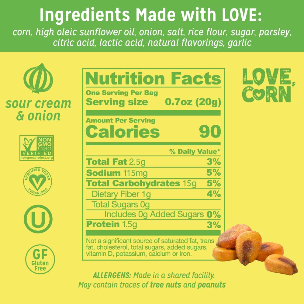 Love Corn label showing ingredients and certifications for clean-snacking assurance