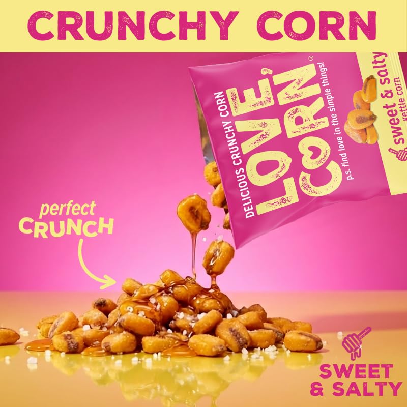 Love Corn single bag beside a hand showing scale and perfect on-the-go portion control