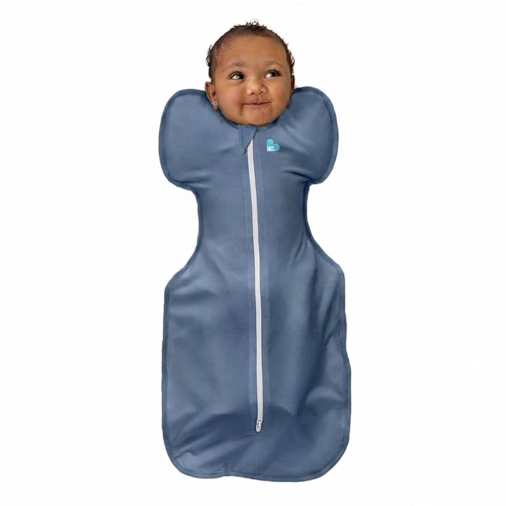 Love to Dream swaddle up denim front view showing snug shoulders and arms-up fit