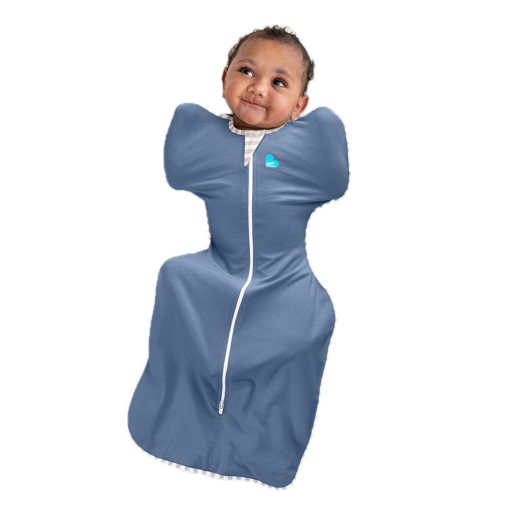 Love to Dream Swaddle Up front view in denim showing secure fit benefit
