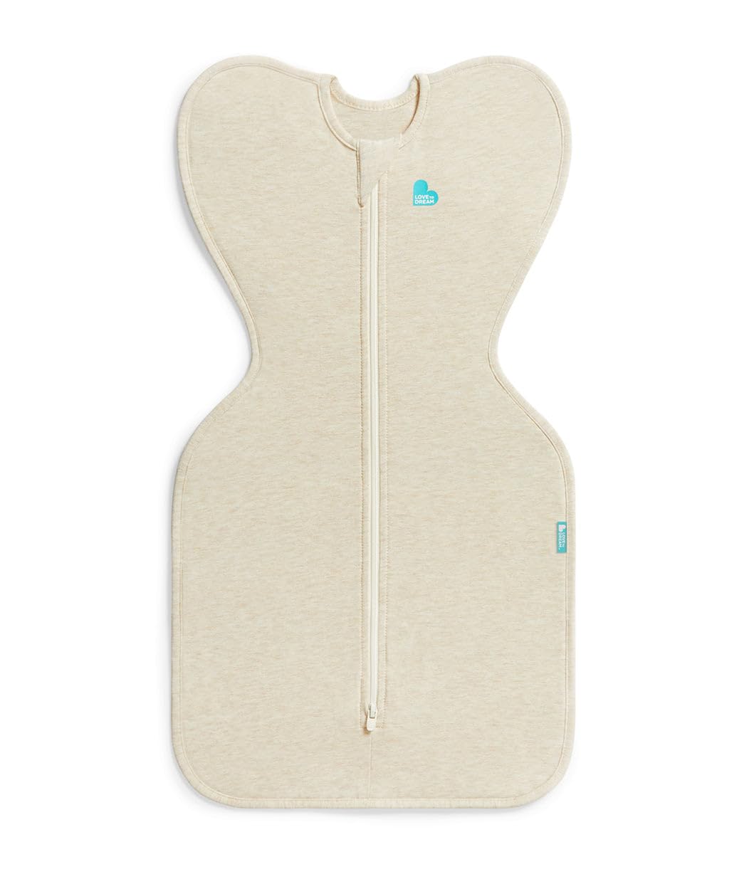 Love to Dream Swaddle Up oatmeal front view showing snug shoulder fit and clean design