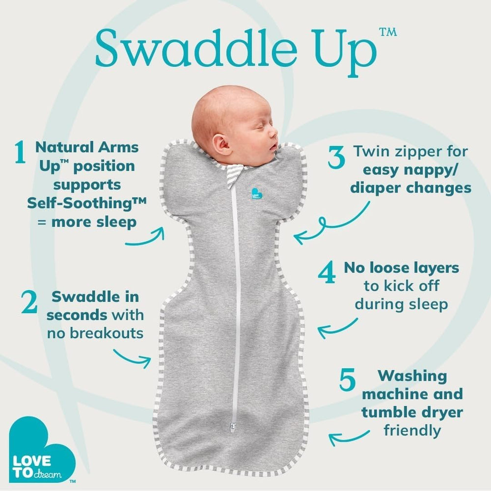 Love to Dream baby wearing Swaddle Up in nursery demonstrating self-soothing benefit