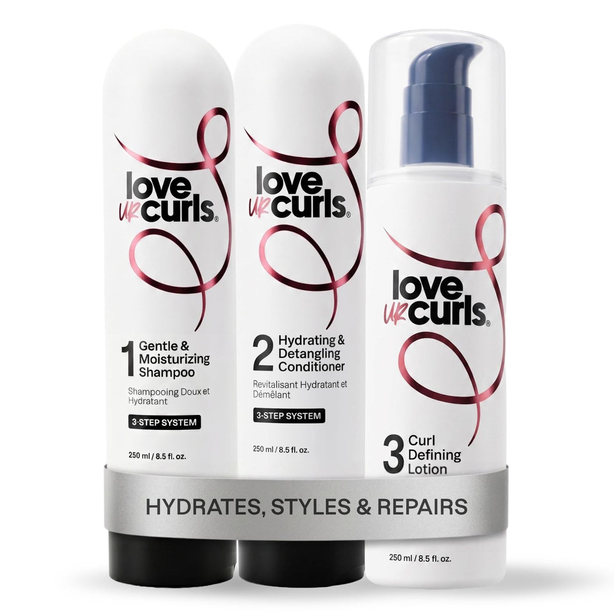 Love Ur Curls front packaging showing full shampoo conditioner curl cream set and benefits