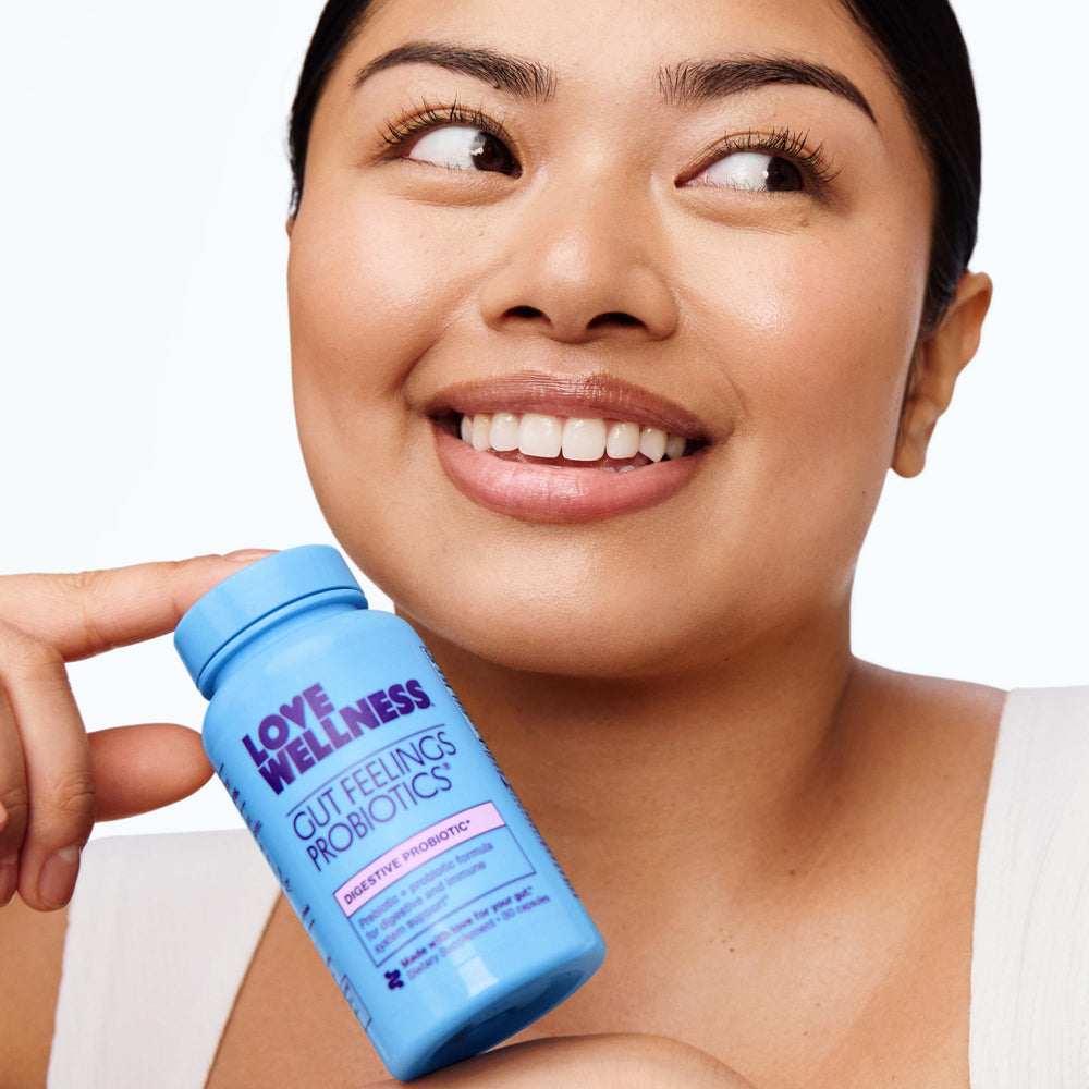 Love Wellness supplement facts label highlighting prebiotic probiotic postbiotic