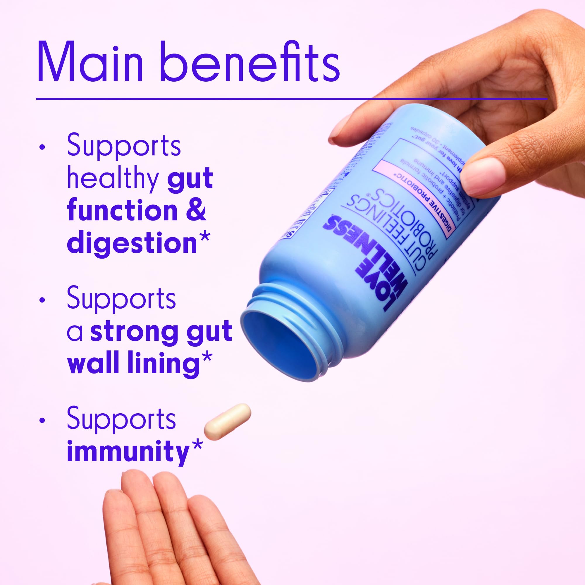 Love Wellness open bottle with capsules ready to take for daily gut support