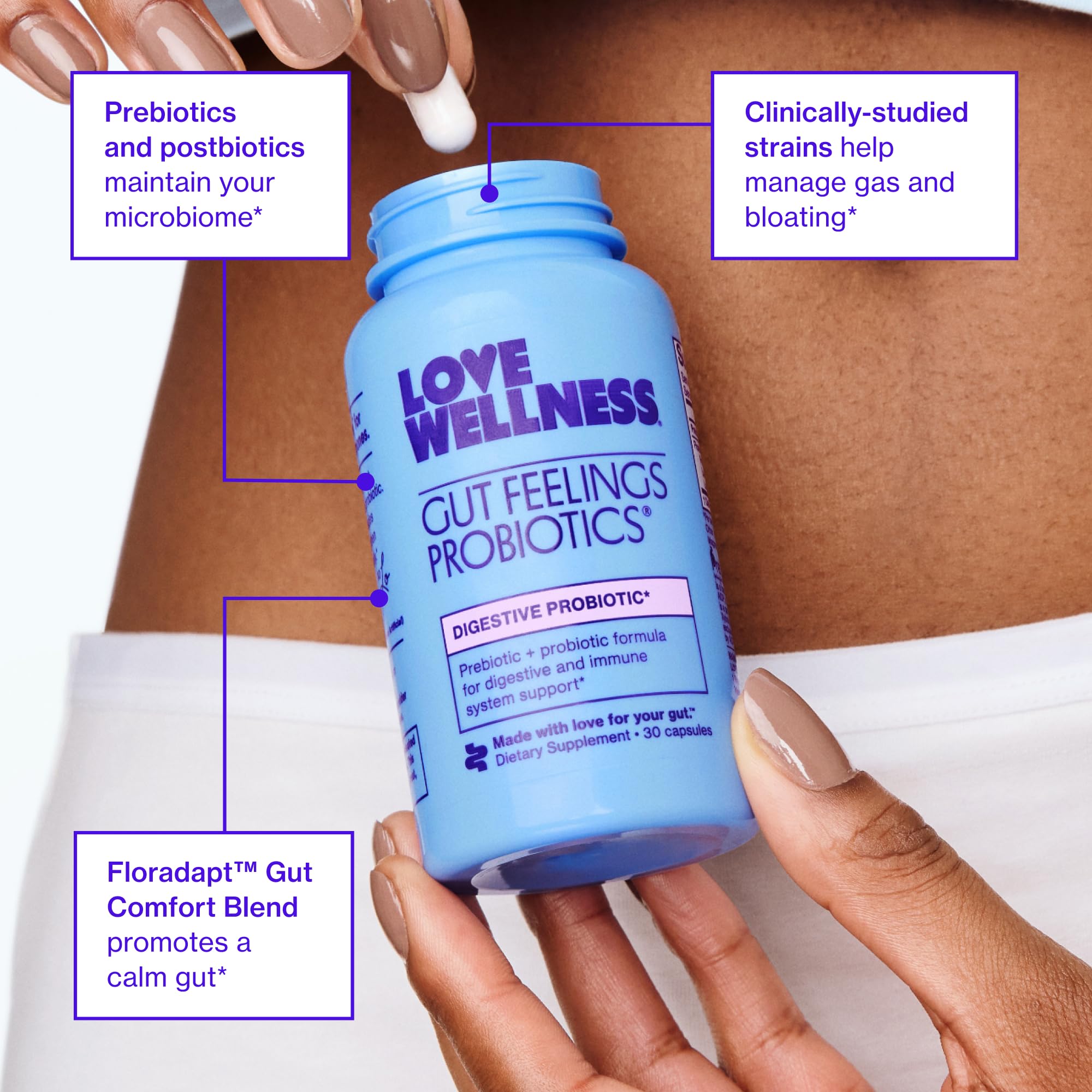 Love Wellness capsule next to a coin to show size and easy serving
