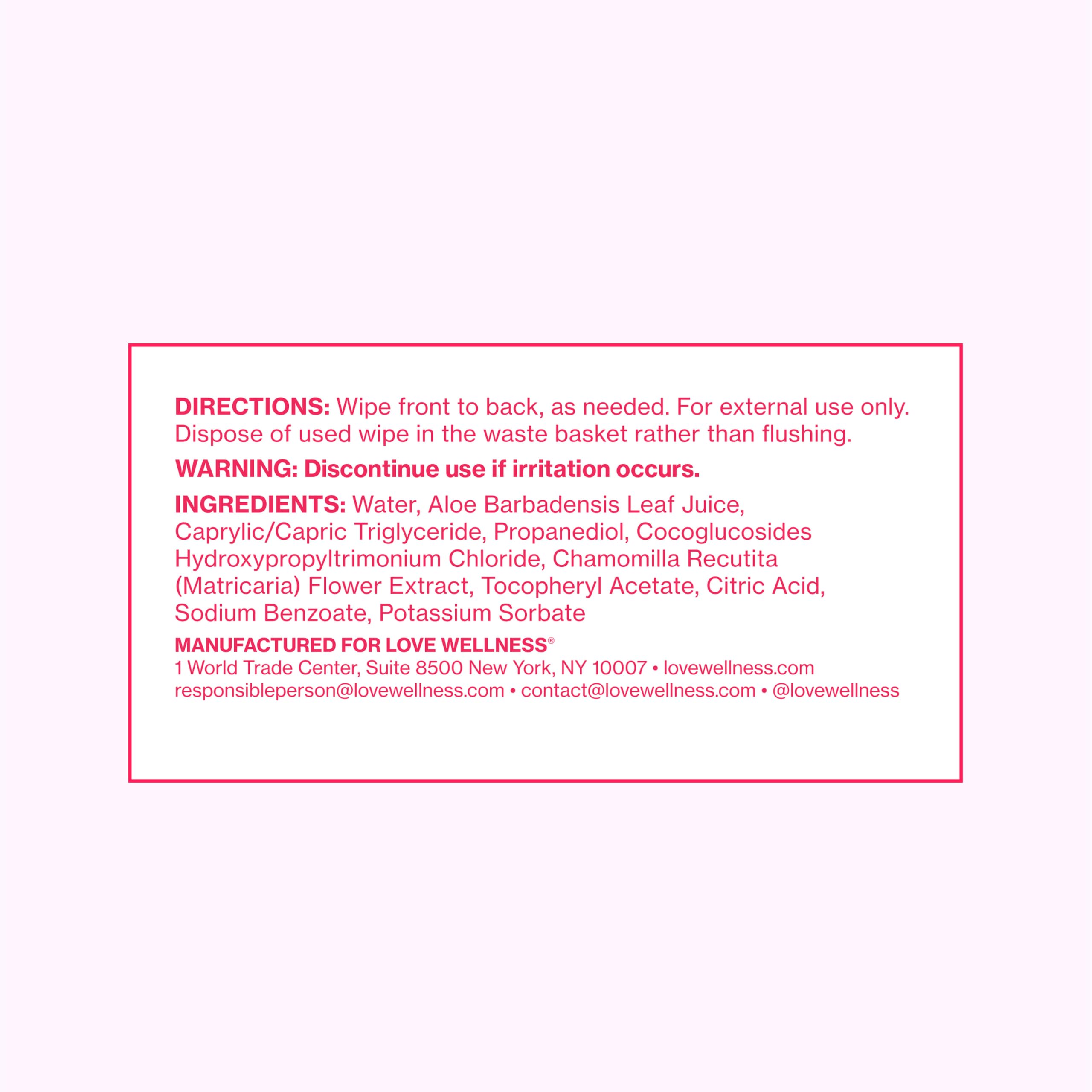 Love Wellness packaging label detail showing ingredient list and fragrance-free benefit