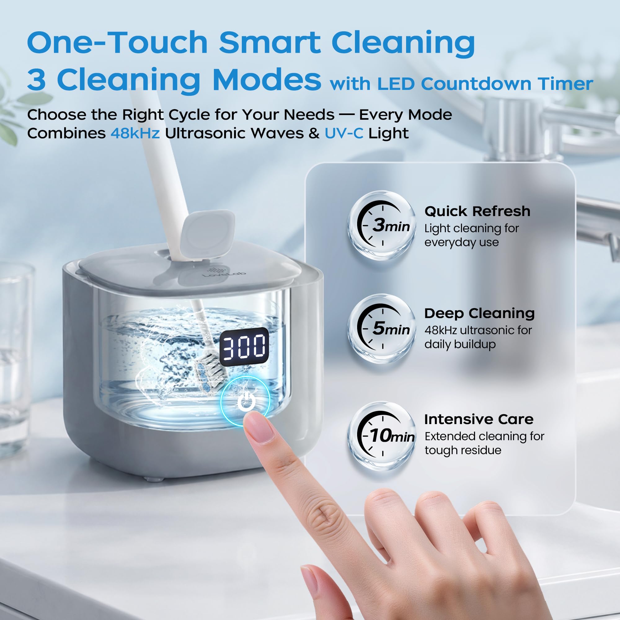 LOVELAB retainer in cleaning bowl showing gentle ultrasonic action for deep cleaning