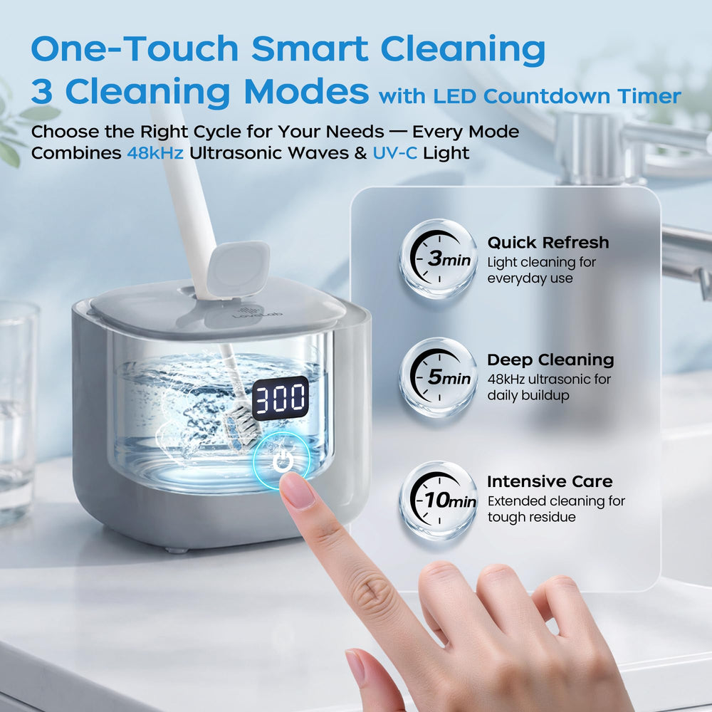 LOVELAB retainer in cleaning bowl showing gentle ultrasonic action for deep cleaning