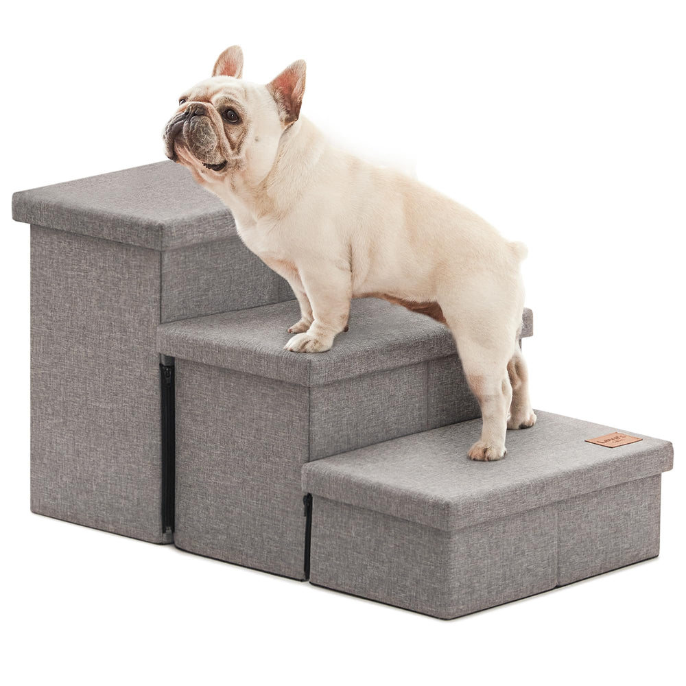 Love's cabin front view of three-step stairs showing sturdy frame and fabric cover benefit easy access
