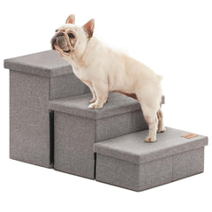 Love's cabin front view of three-step stairs showing sturdy frame and fabric cover benefit easy access