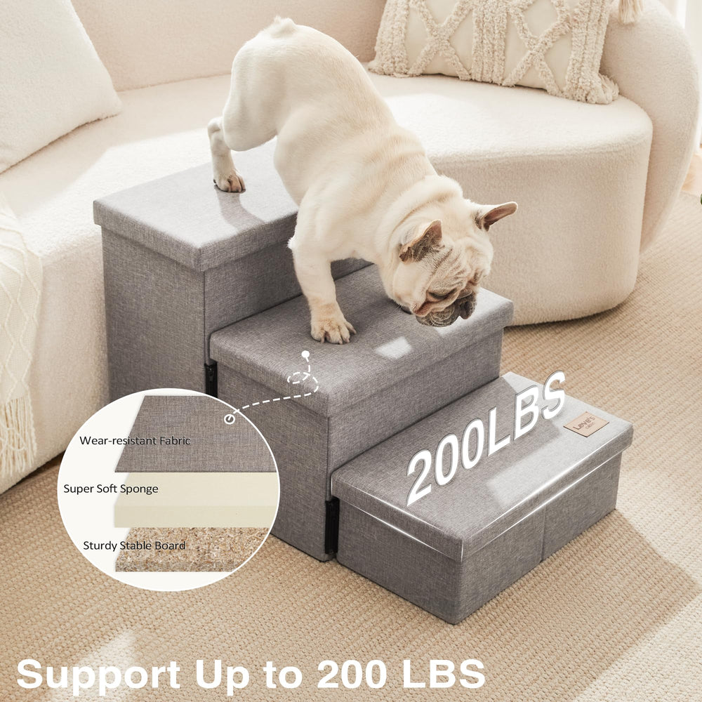 Love's cabin dog using stairs to reach bed showing safer climbing for pet mobility