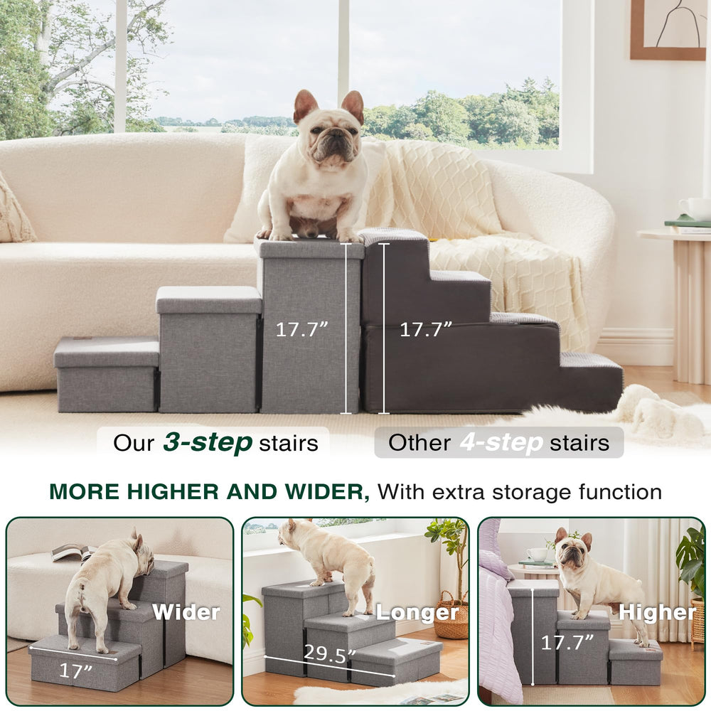 Love's cabin open storage compartments under steps showing organized space for leashes and blankets