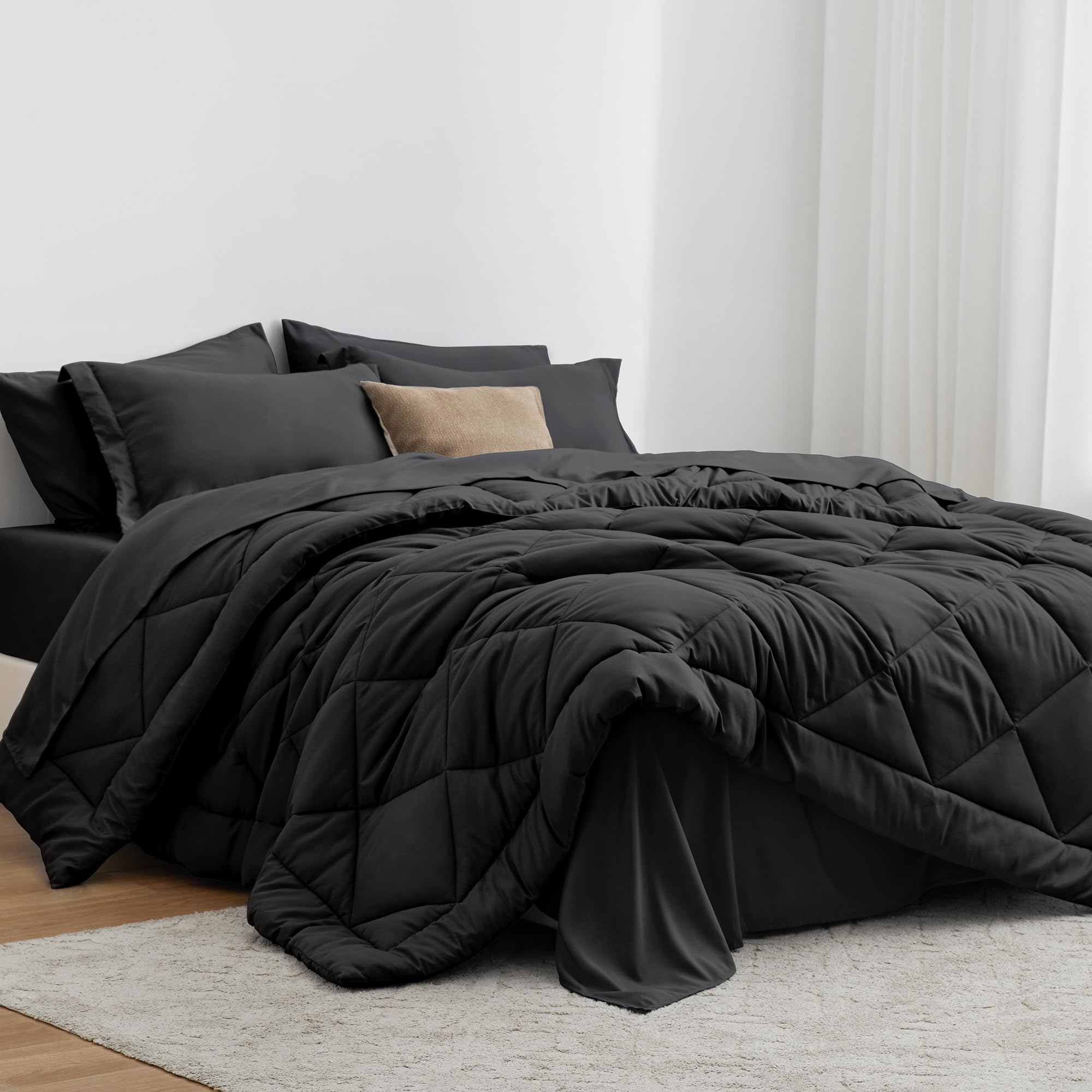 Love's cabin front view of black twin comforter set showing complete bedding