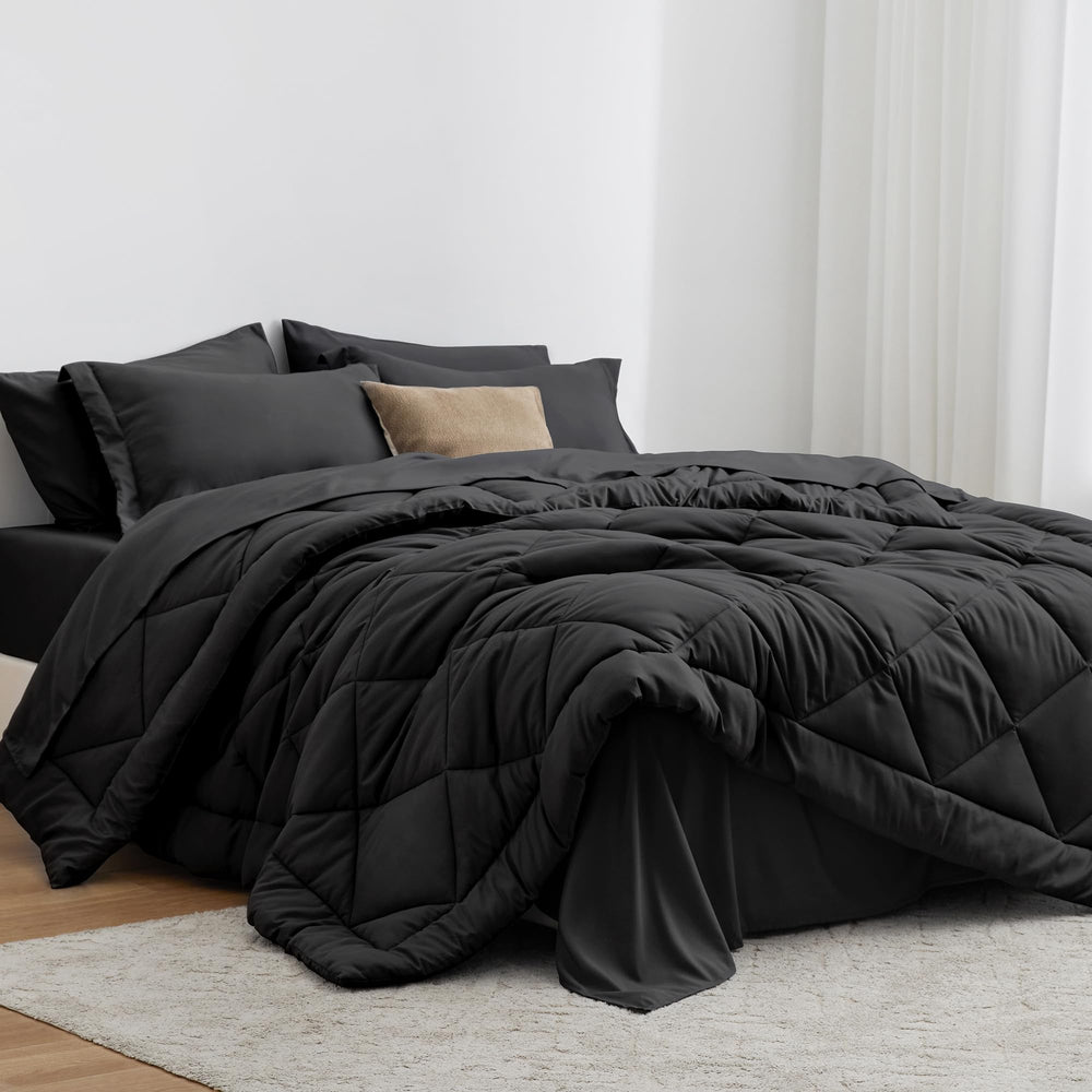 Love's cabin front view of black twin comforter set showing complete bedding